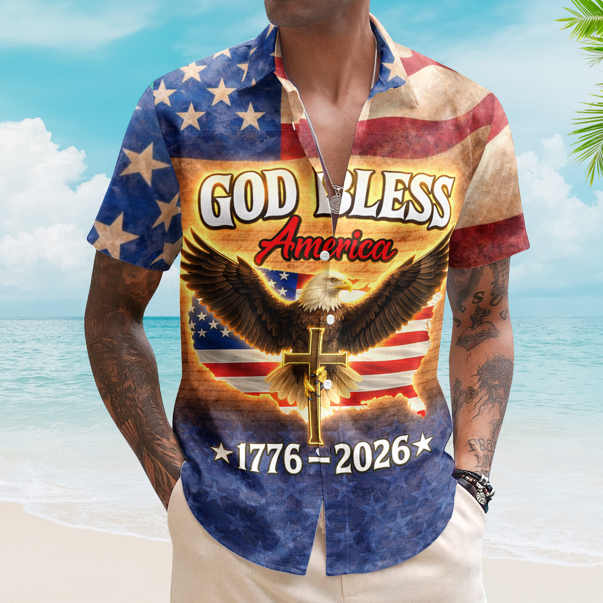God Bless America Eagle Cross Hawaiian Shirt
