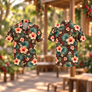 Christmas Apricot Hibiscus Fan Palm Espresso Aloha Hawaiian Shirt