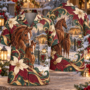 Christmas Art Nouveau Horse Poinsettia Burgundy Gold Ivory Hawaiian Shirt