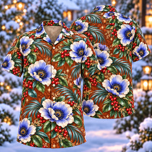Christmas Blue Anemone Copper Aloha Hawaiian Shirt