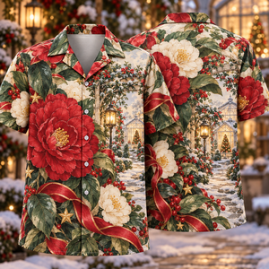 Christmas Botanical Ink Camellia Garden Crimson Sage Ivory Hawaiian Shirt