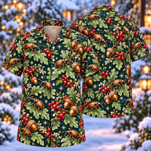 Christmas Bronze Acorn Weevil Teal Aloha Hawaiian Shirt