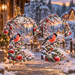 Christmas Bullfinch Orchard Bud Coral Slate Hawaiian Shirt