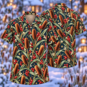 Christmas Copper Cattail Reed Navy Aloha Hawaiian Shirt