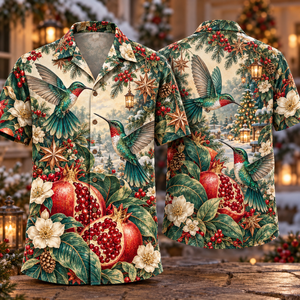 Christmas Copperplate Hummingbird Pomegranate Teal Ivory Scarlet Hawaiian Shirt
