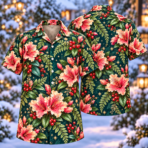 Christmas Coral Azalea Midnight Teal Aloha Hawaiian Shirt