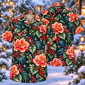 Christmas Coral Begonia Ink Navy Aloha Hawaiian Shirt