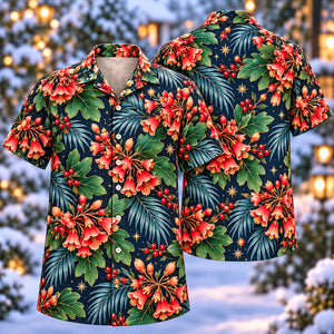 Christmas Coral Brachychiton Navy Aloha Hawaiian Shirt