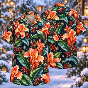Christmas Coral Canna Navy Aloha Hawaiian Shirt