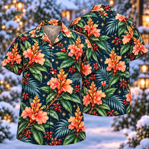Christmas Coral Crossandra Indigo Aloha Hawaiian Shirt