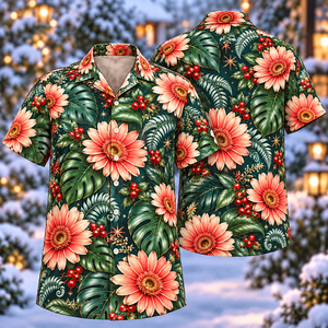 Christmas Coral Gerbera Teal Aloha Hawaiian Shirt