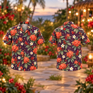 Christmas Coral Ixora Plumeria Aubergine Aloha Hawaiian Shirt