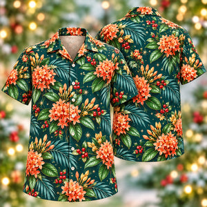 Christmas Coral Ixora Teal Aloha Hawaiian Shirt