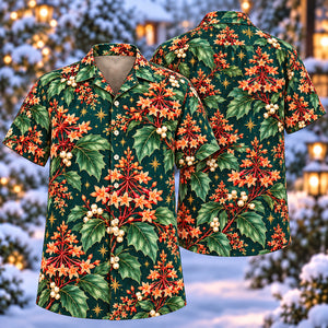 Christmas Coral Pagoda Flower Teal Aloha Hawaiian Shirt