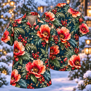 Christmas Coral Poppy Ink Blue Aloha Hawaiian Shirt