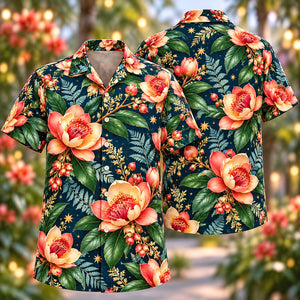 Christmas Coral Stamen Blossom Navy Aloha Hawaiian Shirt