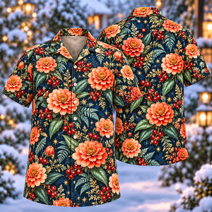 Christmas Coral Zinnia Indigo Aloha Hawaiian Shirt