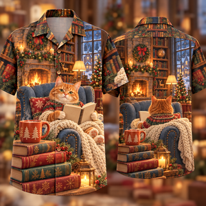 Christmas Cozy Reading Cat Library Terracotta Slate Hawaiian Shirt