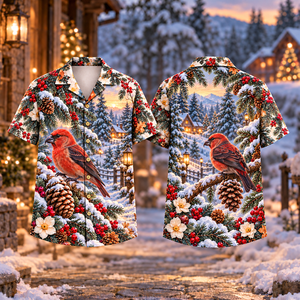 Christmas Crossbill Pinecone Visit Print Hawaiian Shirt