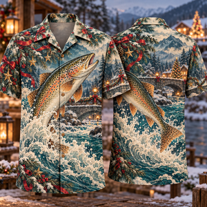 Christmas Engraved Trout Snow River Copper Teal Ivory Hawaiian Shirt