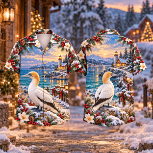Christmas Gannet Harbor Light Print Hawaiian Shirt