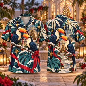 Christmas Geometric Toucan Conservatory Amber Teal Ivory Hawaiian Shirt