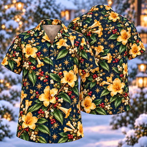 Christmas Golden Barleria Navy Aloha Hawaiian Shirt