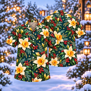Christmas Golden Daffodil Teal Aloha Hawaiian Shirt