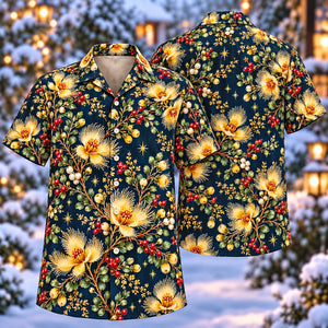 Christmas Golden Featherflower Navy Aloha Hawaiian Shirt