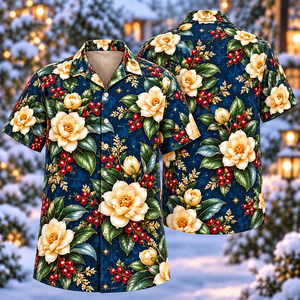 Christmas Golden Gardenia Cobalt Aloha Hawaiian Shirt