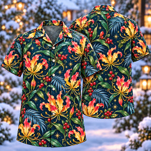 Christmas Golden Gloriosa Indigo Aloha Hawaiian Shirt