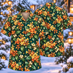 Christmas Golden Marmalade Blossom Teal Aloha Hawaiian Shirt
