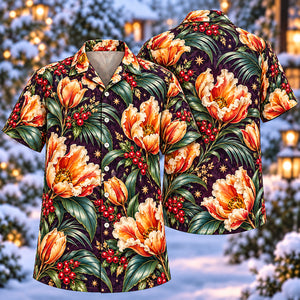 Christmas Golden Parrot Tulip Plum Aloha Hawaiian Shirt