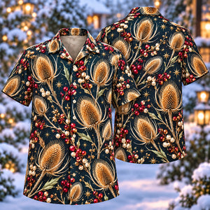 Christmas Golden Teasel Indigo Aloha Hawaiian Shirt