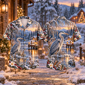 Christmas Grey Heron Marsh Slate Ivory Hawaiian Shirt