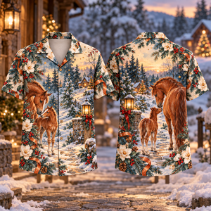 Christmas Horse Foal Nuzzle Chestnut Slate Ivory Hawaiian Shirt
