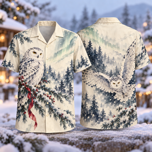Christmas Ink Wash Snowy Owl Aurora Hawaiian Shirt