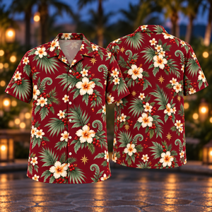 Christmas Ivory Blossom Fan Palm Wine Aloha Hawaiian Shirt