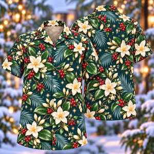 Christmas Ivory Blossom Peacock Aloha Hawaiian Shirt
