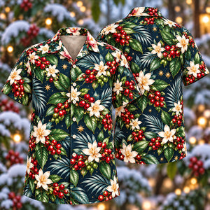 Christmas Ivory Coffee Blossom Navy Aloha Hawaiian Shirt
