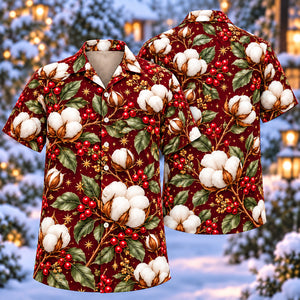 Christmas Ivory Cotton Boll Wine Aloha Hawaiian Shirt