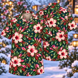 Christmas Ivory Rose Adenium Teal Aloha Hawaiian Shirt