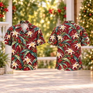 Christmas Ivory Spider Lily Wine Aloha Hawaiian Shirt