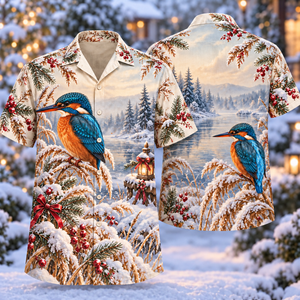 Christmas Kingfisher Frosted Reed Lantern River Hawaiian Shirt