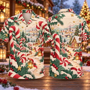 Christmas Layered Paper Cut Candy Forest Ruby Sage Cream Hawaiian Shirt