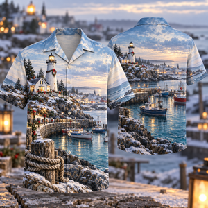 Christmas Lighthouse Snowy Fishing Harbor Hawaiian Shirt