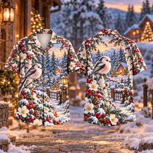 Christmas Long Tailed Tit Birch Blush Ivory Hawaiian Shirt