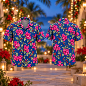 Christmas Magenta Bougainvillea Cobalt Aloha Hawaiian Shirt