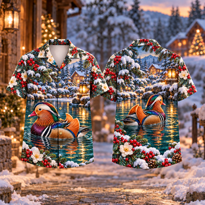 Christmas Mandarin Duck Lantern Pond Print Hawaiian Shirt