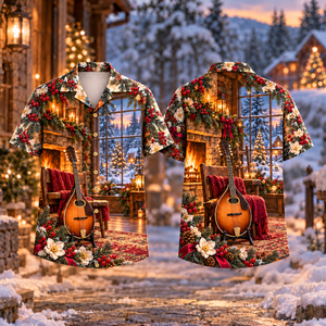 Christmas Mandolin Fireside Print Maple Cranberry Hawaiian Shirt